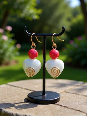 Handmade! Coral & Creamy White Stone Heart Dangle Earrings - Chunky Wire Wrapped